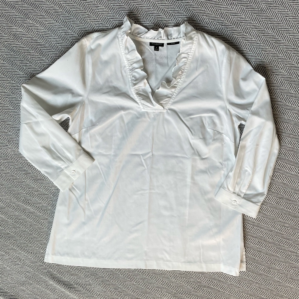 Talbots White Ruffle V-Neck Blouse size 6